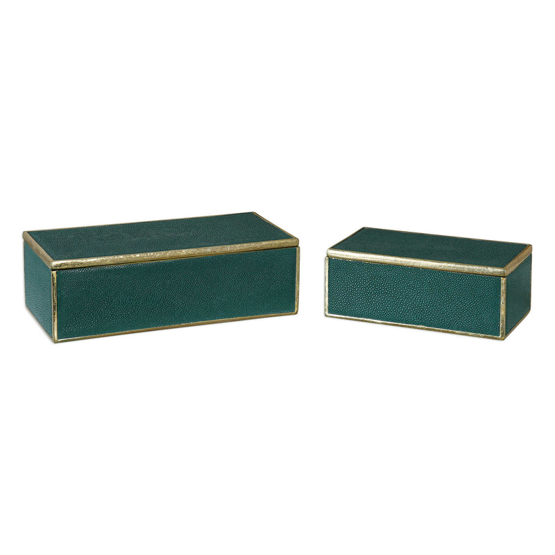 Set of two Uttermost Karis emerald green baskets, decorative storage boxes with woven texture and elegant design.