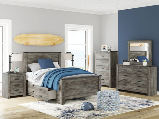 Signature Design by Ashley 7-piece bedroom set with storage panels, including bed, dresser, and nightstands, in a modern bedroom style.