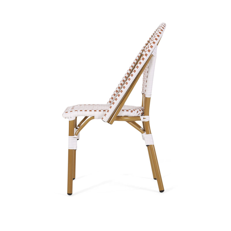 Set of outdoor rattan and aluminum French bistro chairs by Noble House, featuring woven rattan seats and sleek metal frames.