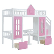 DreamHaus twin over twin bunk bed with changeable table, featuring a built-in desk and upper bed for versatile space-saving functionality.