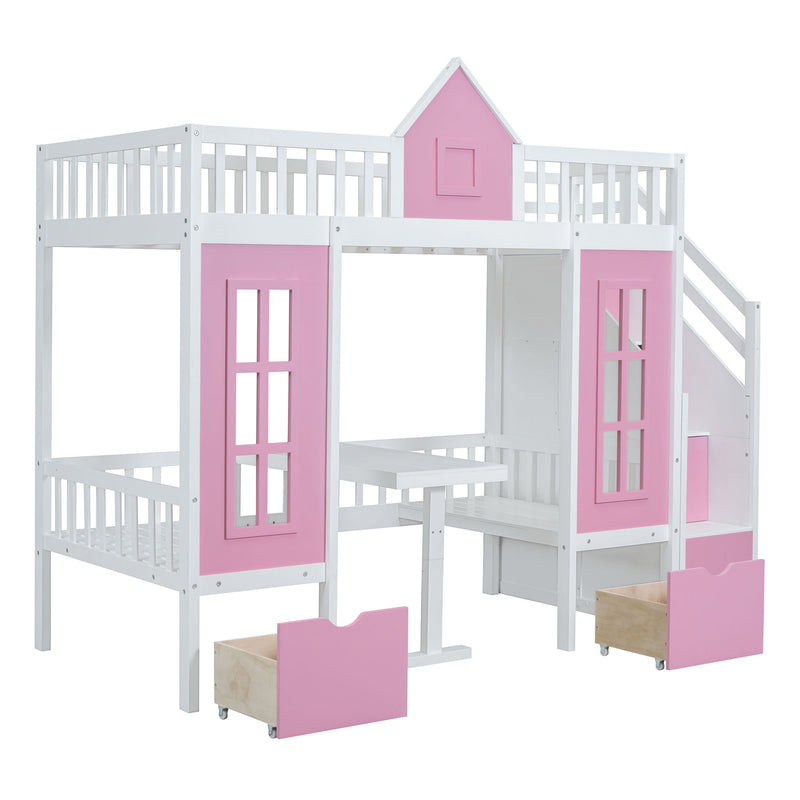 DreamHaus twin over twin bunk bed with changeable table, featuring a built-in desk and upper bed for versatile space-saving functionality.