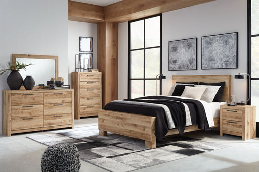 Hyanna 6-piece panel bedroom set by Signature Design by Ashley featuring a bed frame, nightstands, dresser, and mirror in a modern style.