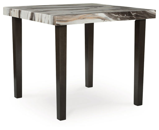 Jesina square dining room counter table by Signature Design by Ashley, dark brown wood with beige accents, shown in a modern kitchen setting.