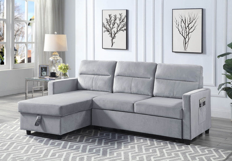 Ruby - Reversible Sleeper Sectional Sofa With Storage Chaise And Side Pocket - Light Gray - R&R Furniture Gallery (Fountain Valley, CA)