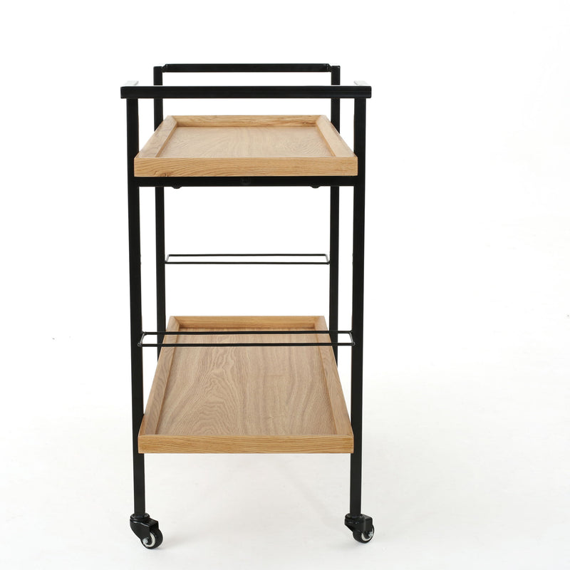 Modern industrial bar cart by Noble House with shelving and casters, featuring a sleek metal frame and wooden shelves for stylish storage.