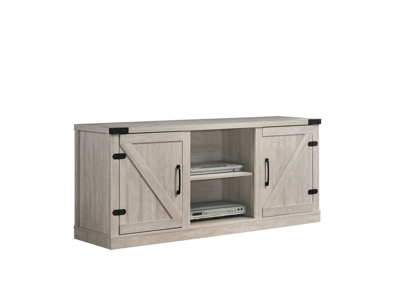 Salma 58-inch wide TV stand by Lilola Home with open shelves and cabinets, made of wood and modern design for living room decor.