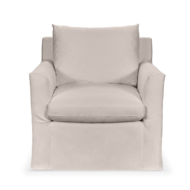 Classic Home Cassiano swivel chair with a plush fabric seat and a sturdy base, shown in a modern living room setting.