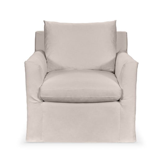 Classic Home Cassiano swivel chair with a plush fabric seat and a sturdy base, shown in a modern living room setting.