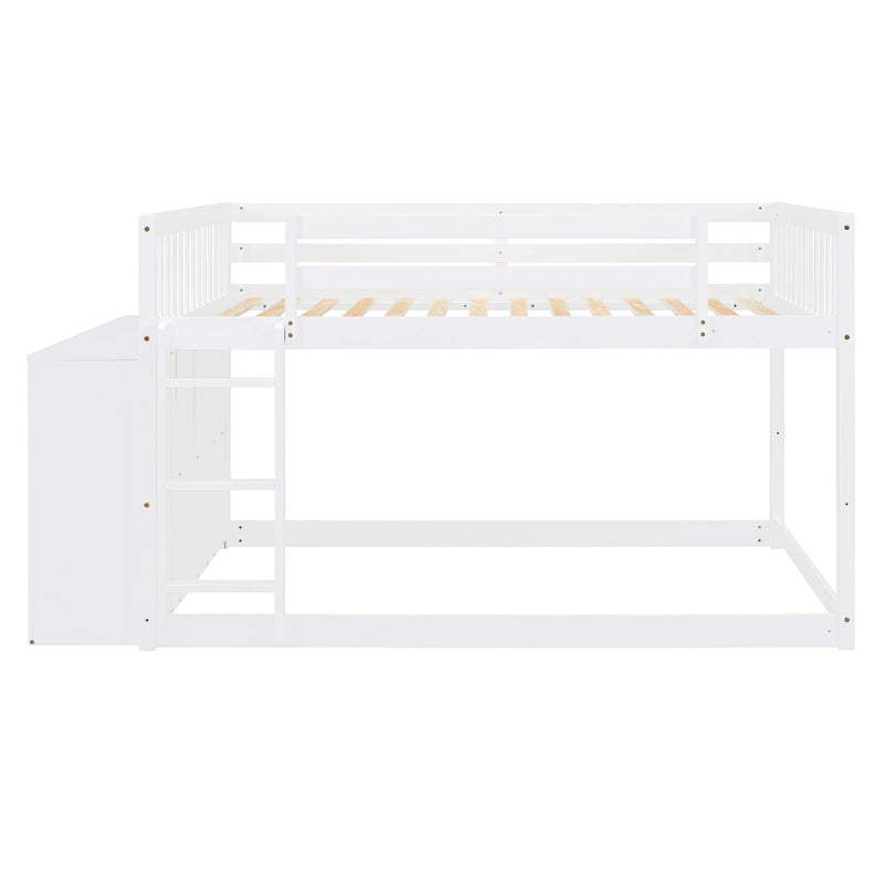 DreamHaus bunk bed with four drawers and three shelves, featuring sturdy wooden frame and space-saving design for kids' room.