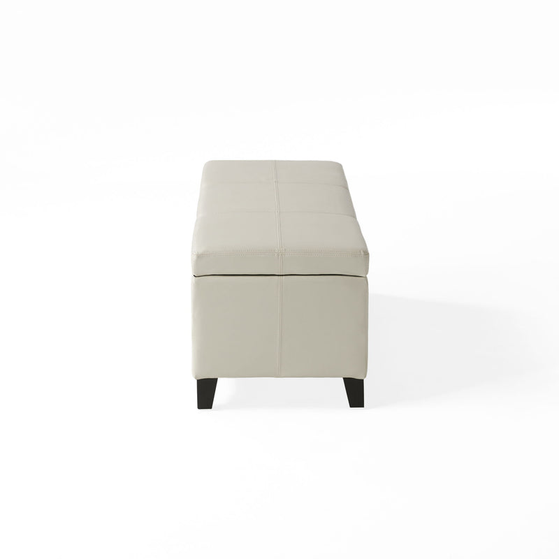 Noble House Glouster contemporary storage ottoman with fabric upholstery and wooden legs, serving as a stylish storage and seating piece.