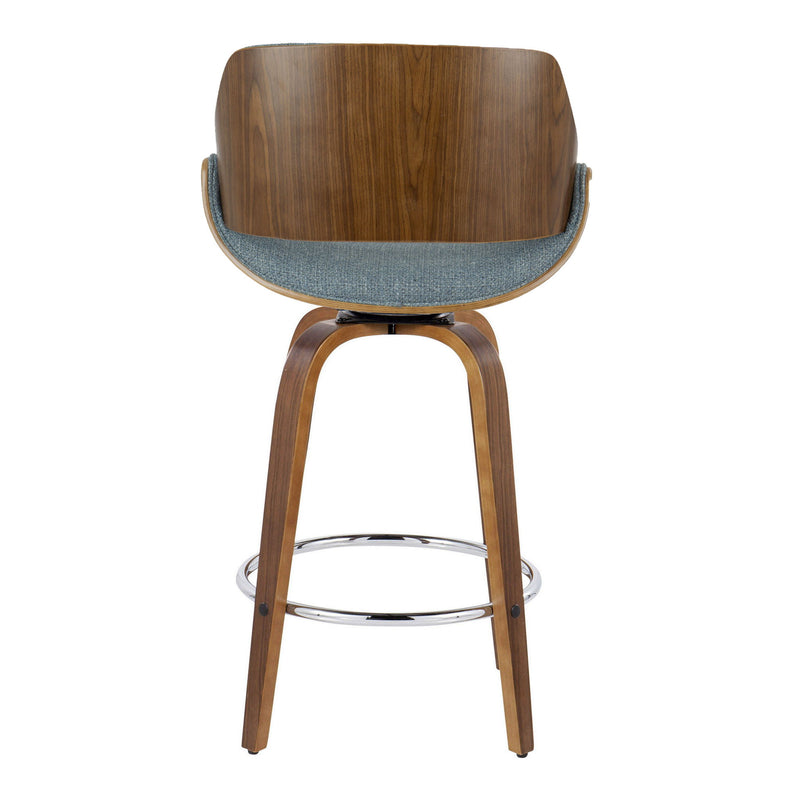 Lumi Source Fabrizzi mid-century modern counter stool set with swivel, round footrest, and fixed height seats, shown in a stylish interior setting.