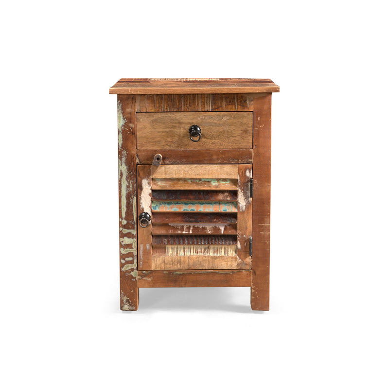 Noble House recycled wood side table with drawer and door in natural finish, showcasing rustic design and storage space.