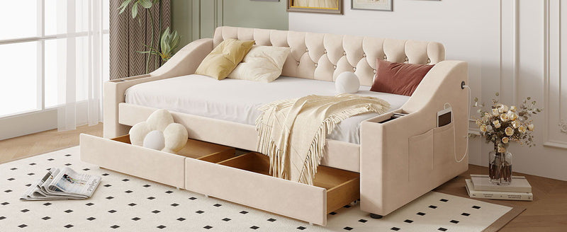 Upholstered Daybed With Storage Armrests And USB Port - R&R Furniture Gallery (Fountain Valley, CA)
