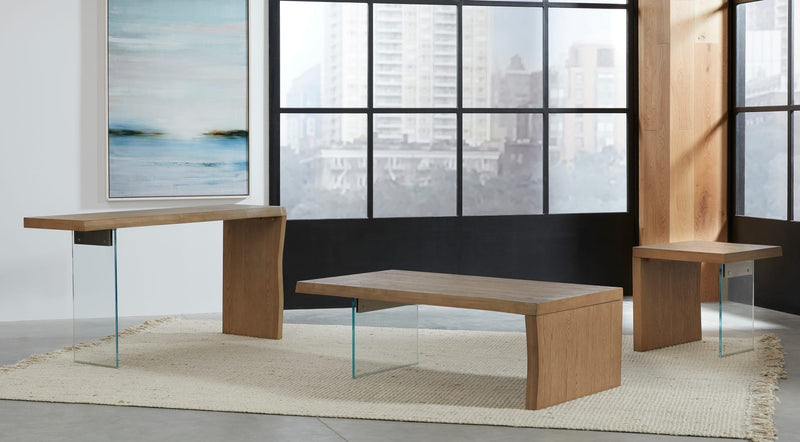 One Live-Edge White Oak and Glass Coffee Table in Bisque
