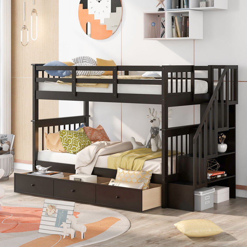 DreamHaus stairway bunk bed with built-in storage and guard rail, ideal for bedroom space-saving and safety.