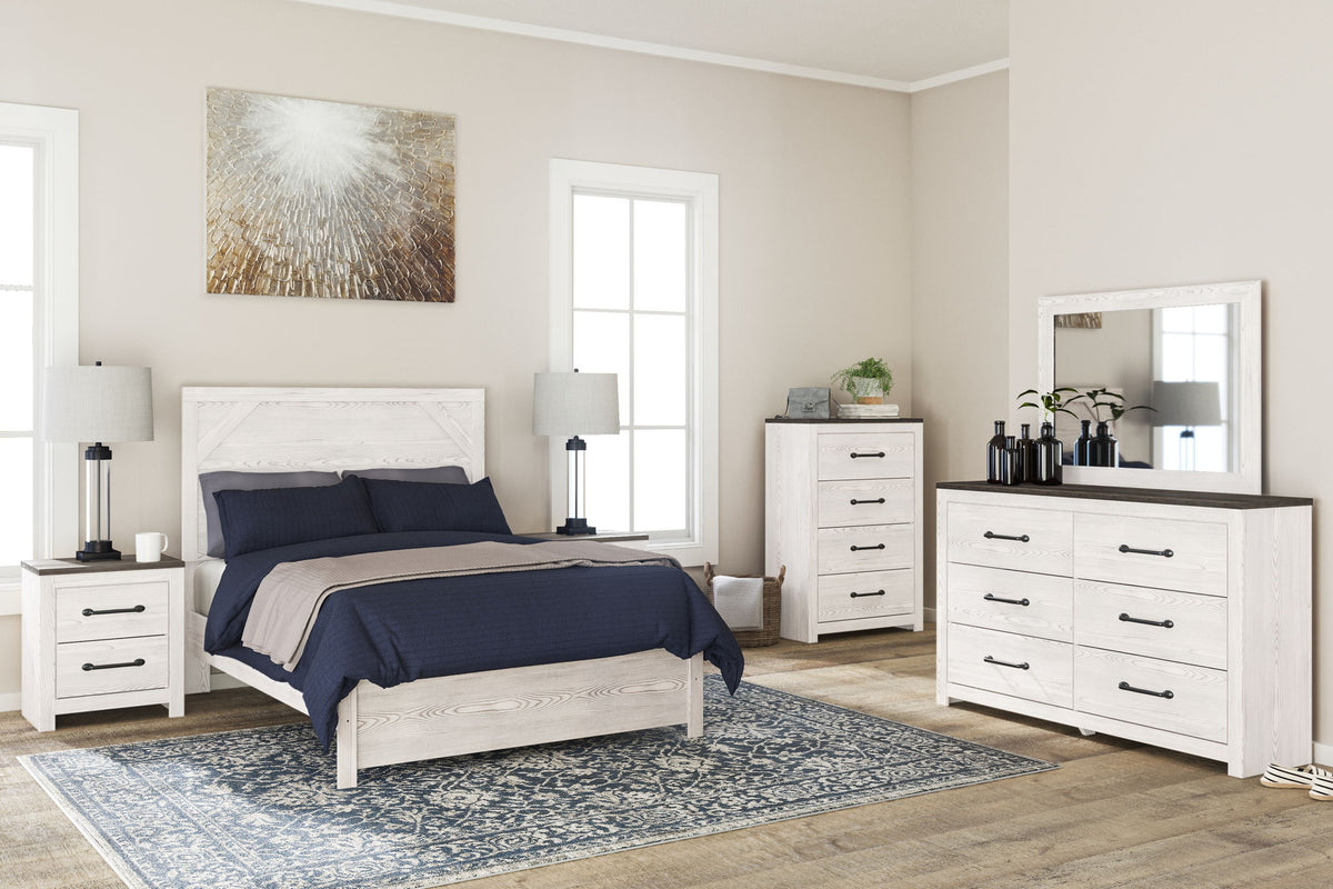 Gerridan 5-piece bedroom set by Signature Design Ashley® with a wooden panel bed, dresser, and matching nightstands in a modern style.