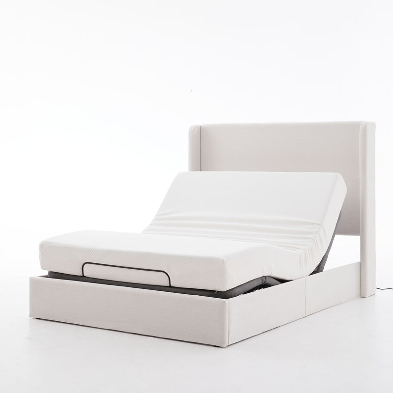 Caron - Queen Size Upholstered Wingback Bed With Adjustable Base Bundle Set - Ivory - R&R Furniture Gallery (Fountain Valley, CA)