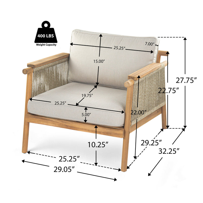Noble House Sumbawa outdoor club arm chair with woven rattan-style frame and plush cushion for patio or garden seating.