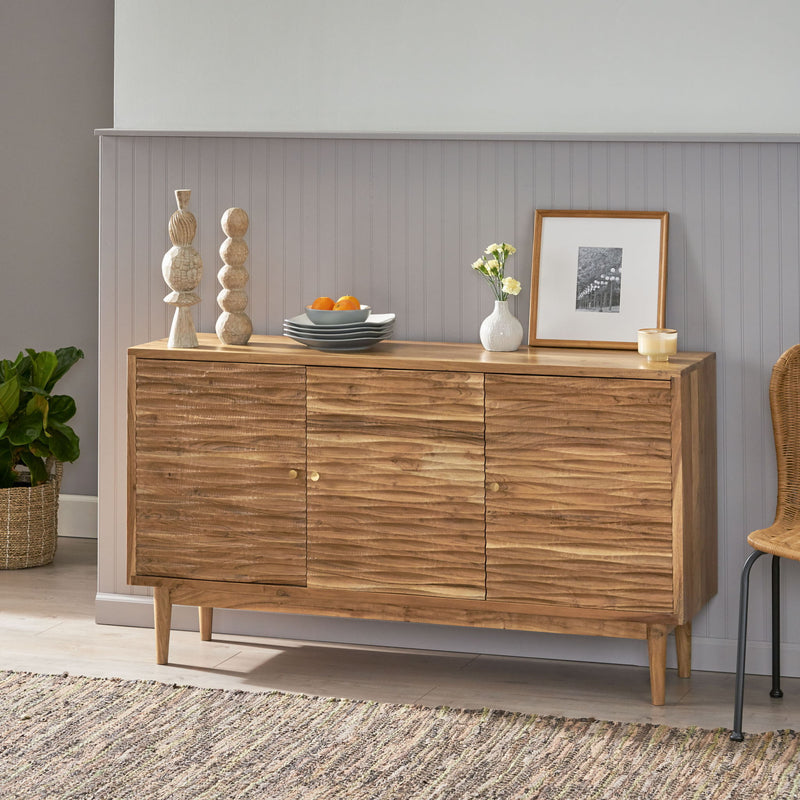 Boho handcrafted 3-door sideboard by Noble House with carved textured wood and artisanal charm in natural finish.