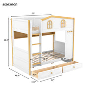White and natural twin over twin bunk bed with house-shaped guardrails, storage shelves, and drawers by Dreamland.