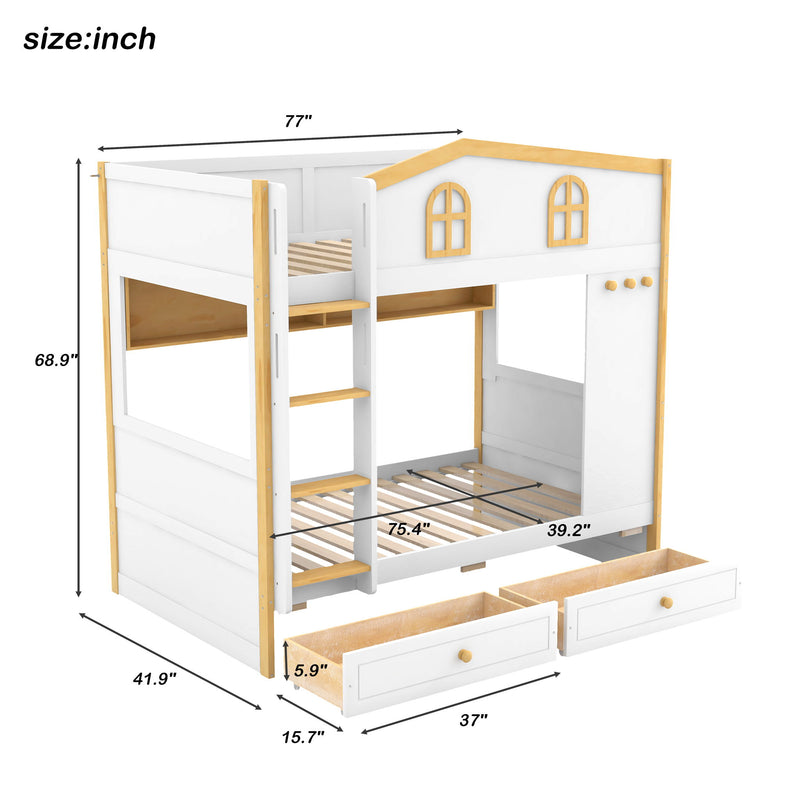 White and natural twin over twin bunk bed with house-shaped guardrails, storage shelves, and drawers by Dreamland.