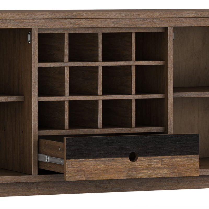 Brown Simpli-Home Clarkson sideboard with storage, featuring multiple compartments and a sleek, modern design for living room organization.