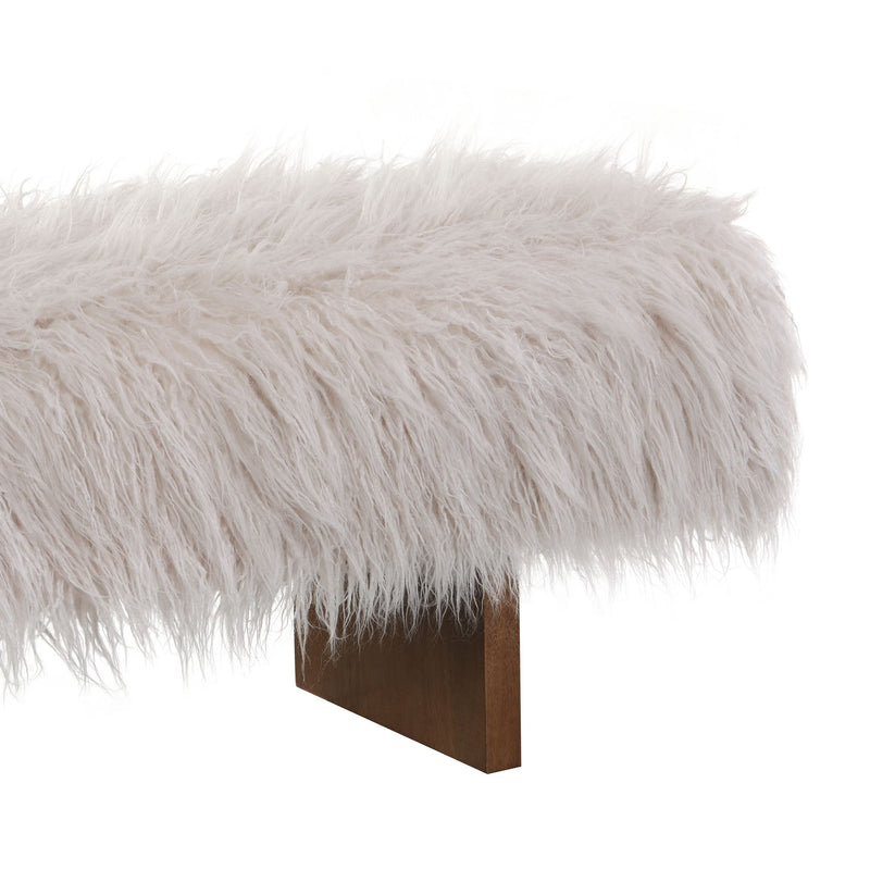 Brown and beige long-haired faux wool upholstered bench by Noble House, featuring a plush, tufted design for elegant seating.