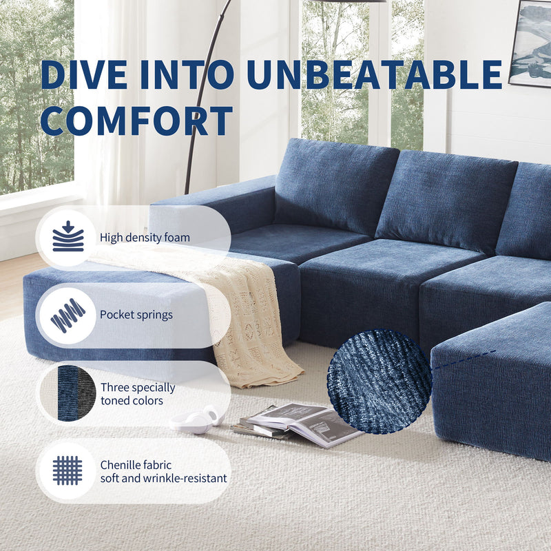 Modular U Shaped Sectional With Ottomans, Luxury Cloud Floor Couch With Deep Seat Fully Compressed Upholstered Sofa - R&R Furniture Gallery (Fountain Valley, CA)