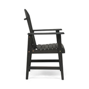 Set of two Noble House outdoor weather-resistant acacia wood Adirondack dining chairs on patio, featuring wide armrests and slatted backs.