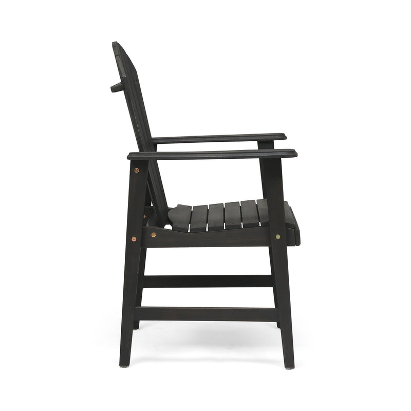 Set of two Noble House outdoor weather-resistant acacia wood Adirondack dining chairs on patio, featuring wide armrests and slatted backs.