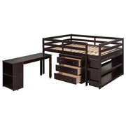 DreamHaus loft low study bed with integrated cabinet, shelves, and rolling desk, showcasing multifunctional design for compact spaces.