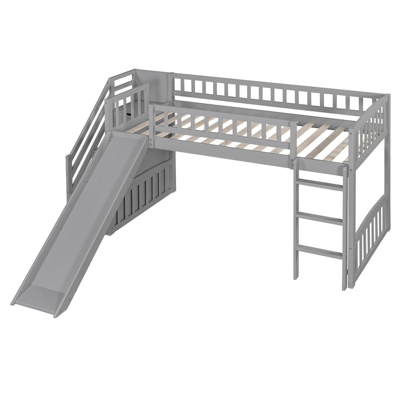 DreamHaus loft stairway bed with two drawers, convertible ladder, and slide, featuring a modern design and safety railings.