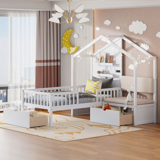 House Bed With Upholstered Sofa, Wireless Charging Station, Shelves And 2 Drawers - R&R Furniture Gallery (Fountain Valley, CA)