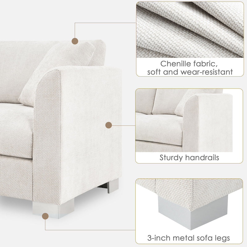Luxe & Co. modern cloud L-shaped sectional sofa with oversized chaise, four seats, and two free pillows in a stylish living room setting.