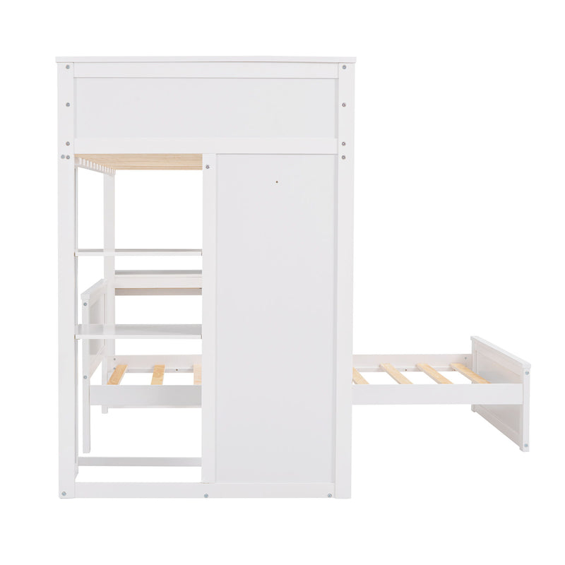 DreamHaus loft bed with standalone bed, shelves, desk, and wardrobe, featuring a modern design and ample storage space.