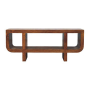 Artisan Furniture Orion curved media unit in brown with open shelving for TV and media accessories.