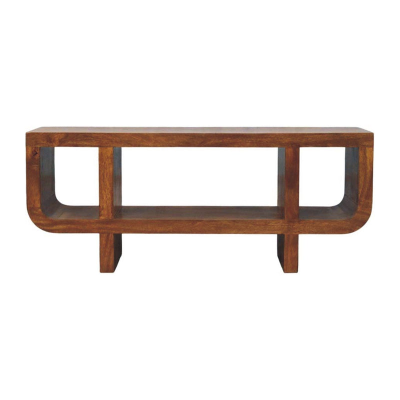 Artisan Furniture Orion curved media unit in brown with open shelving for TV and media accessories.