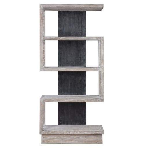 Uttermost Nicasia modern etagere with pearl silver finish, featuring sleek shelves and contemporary design for stylish storage.
