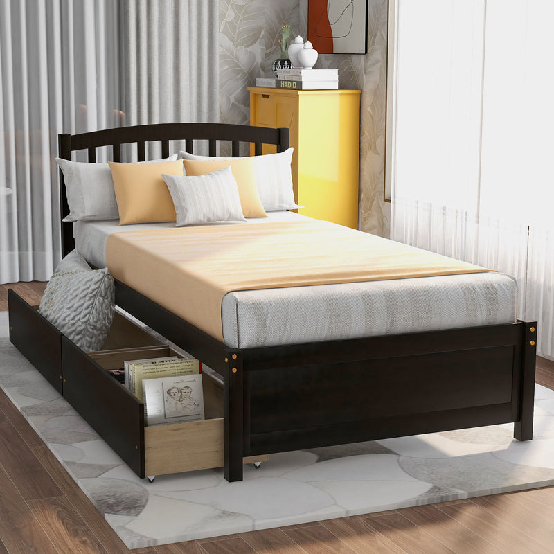 DreamHaus platform storage bed frame with two drawers and headboard, showcasing wooden construction and modern design.