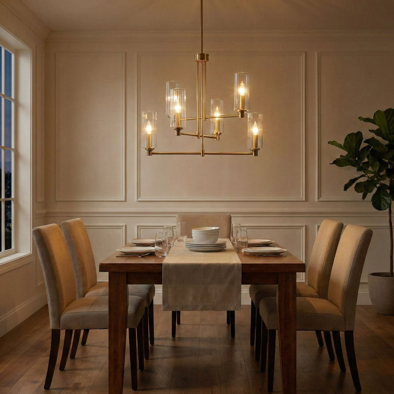 Timeless - 6 Lights Chandelier With Clear Ribbed Satin - Antique Brass / Clear / Gold - R&R Furniture Gallery (Fountain Valley, CA)