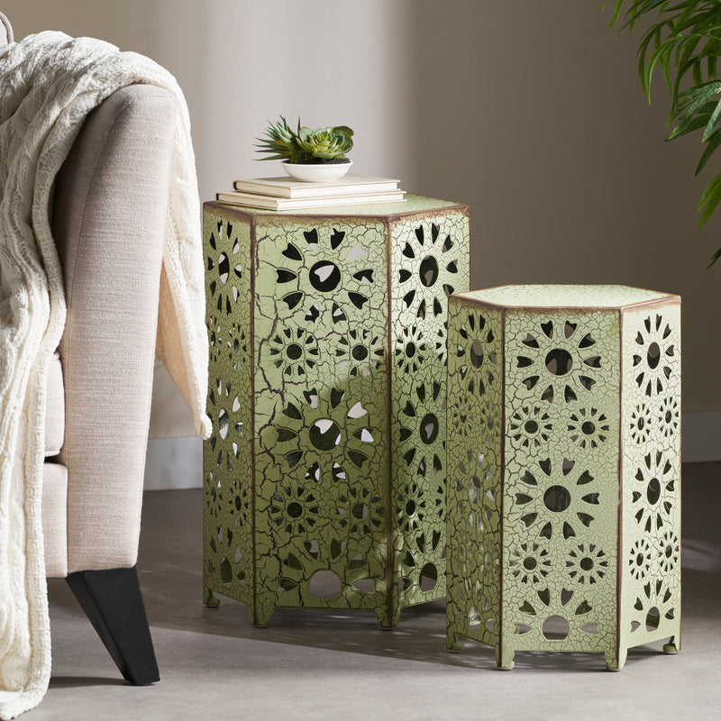 Noble House Eliana side table with a sleek design, featuring a wooden top and modern metal legs.