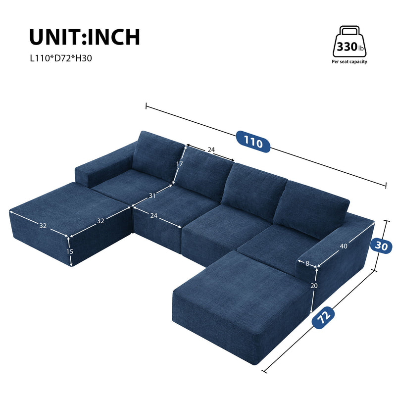 Modular U Shaped Sectional With Ottomans, Luxury Cloud Floor Couch With Deep Seat Fully Compressed Upholstered Sofa - R&R Furniture Gallery (Fountain Valley, CA)