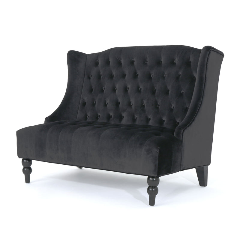 Noble House upholstered loveseat with wing back, diamond tufting, and plush seating in a stationary design.