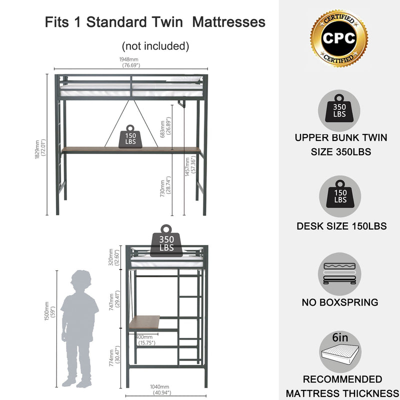 Adam - Twin Loft Bunk Bed With Cinnamon Wood Desk And Closet Rod - Black - R&R Furniture Gallery (Fountain Valley, CA)