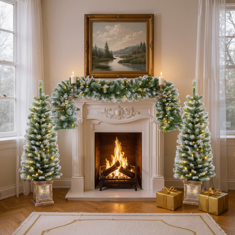 Artificial Christmas 3 Piece Set Wreath And 2 Entrance Trees With LED Lights - White / Green - R&R Furniture Gallery (Fountain Valley, CA)