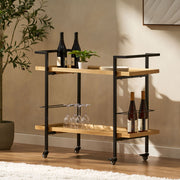 Modern industrial bar cart with shelving and casters from Noble House, featuring a sleek metal frame and wooden shelves for easy mobility.