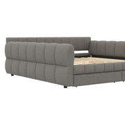 Dreamland upholstered platform bed with USB charging ports and two storage drawers, showcasing a modern, padded headboard and sleek design.