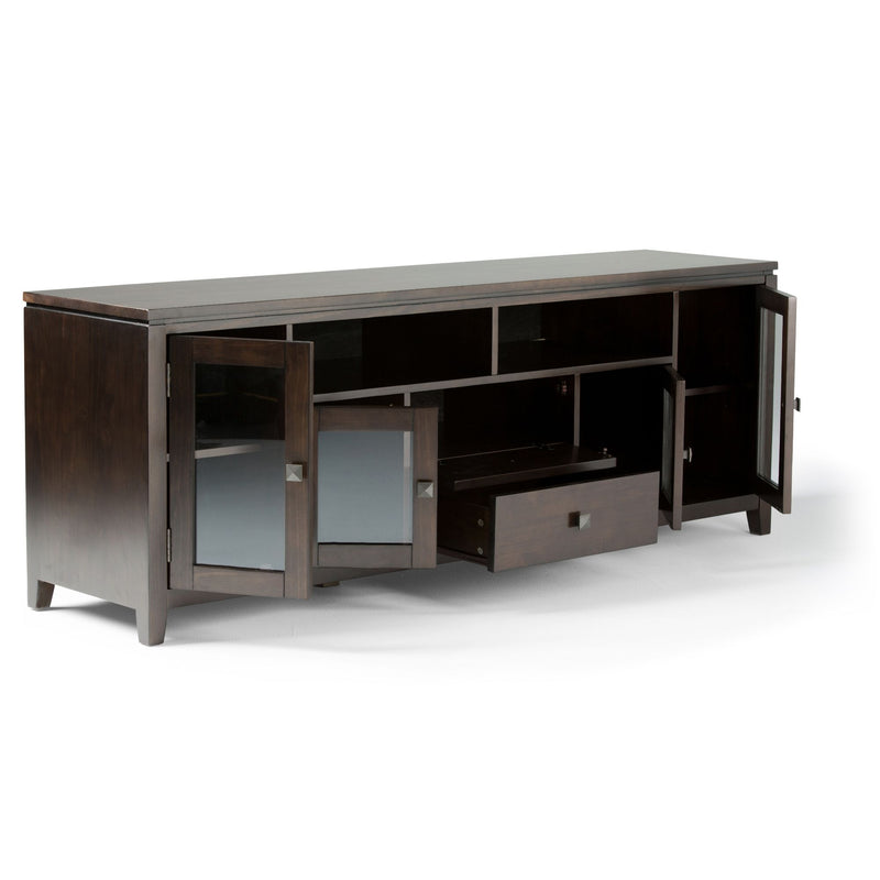 Wide Mahogany Brown TV media stand by Simpli-Home with shelves and storage compartments for entertainment devices.