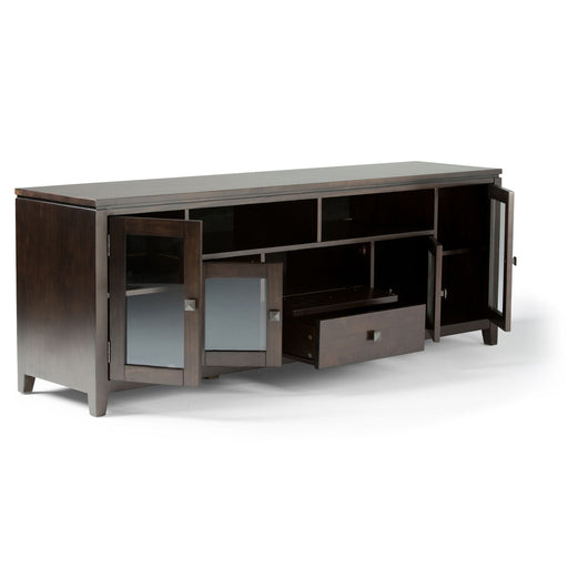 Wide Mahogany Brown TV media stand by Simpli-Home with shelves and storage compartments for entertainment devices.