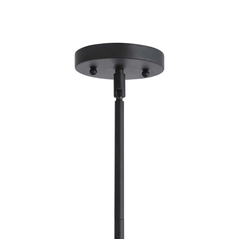 Uttermost Thales Geometric 3-Light Black Pendant Lighting fixture with modern geometric design and matte black finish.